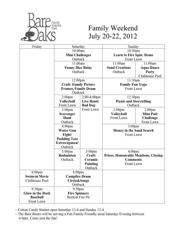 Bare Oaks Family Naturist Park 2012 Family Weekend Schedule