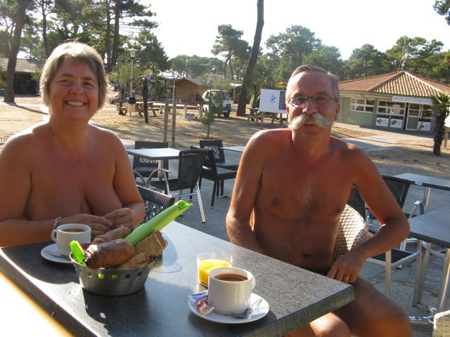 Karen and Stephane enjoying a morning coffee and fresh bread in one of the restaurants at the CHM Montalivet.