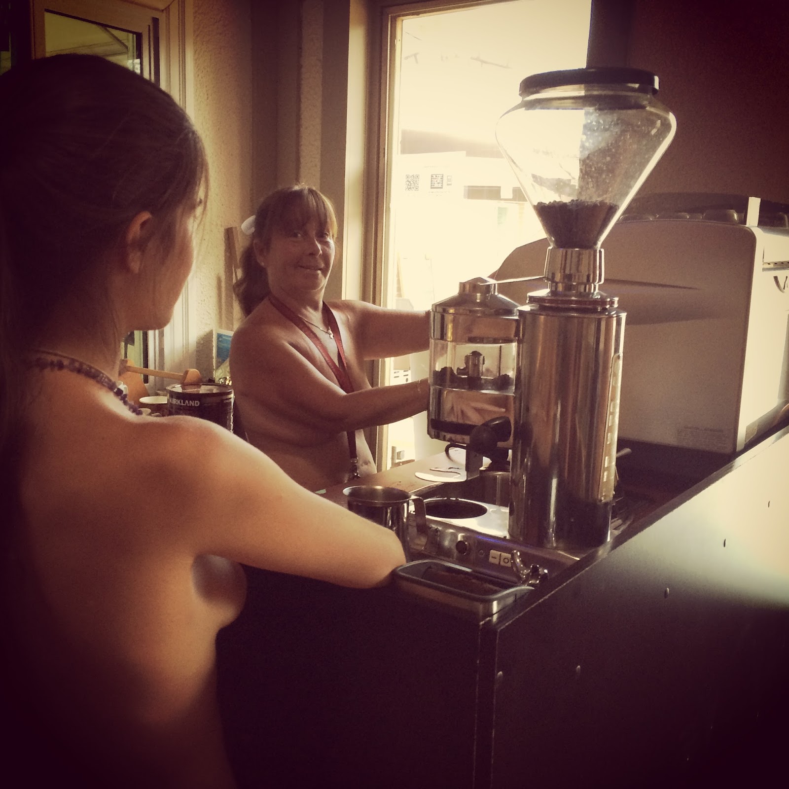 Kim making an espresso coffee at Bare Oaks Family Naturist Park