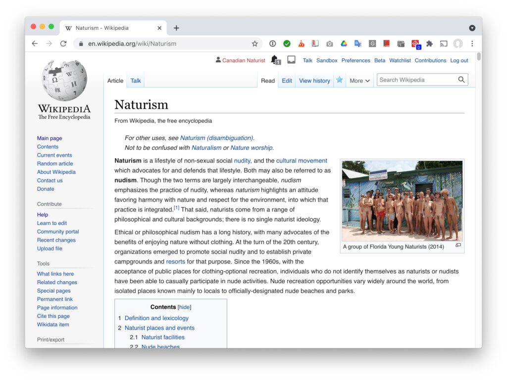 naturism entry in wikipedia