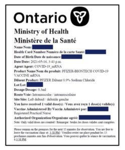 Ontario Sample Vaccine Certificate