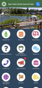 Bare Oaks Family Naturist Park mobile app screen from CampOON